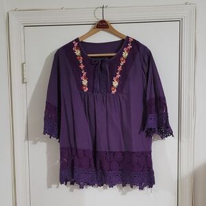 Purple Embroidered Lace-Trim Women's Top